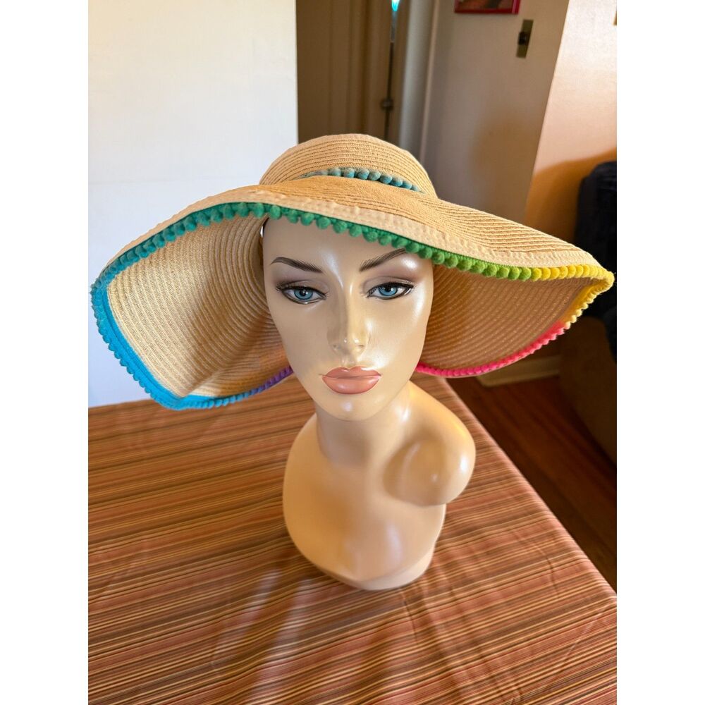 BCBG Extra Wide Brim Floppy Visor Hat Tan/Multicolor OSFA